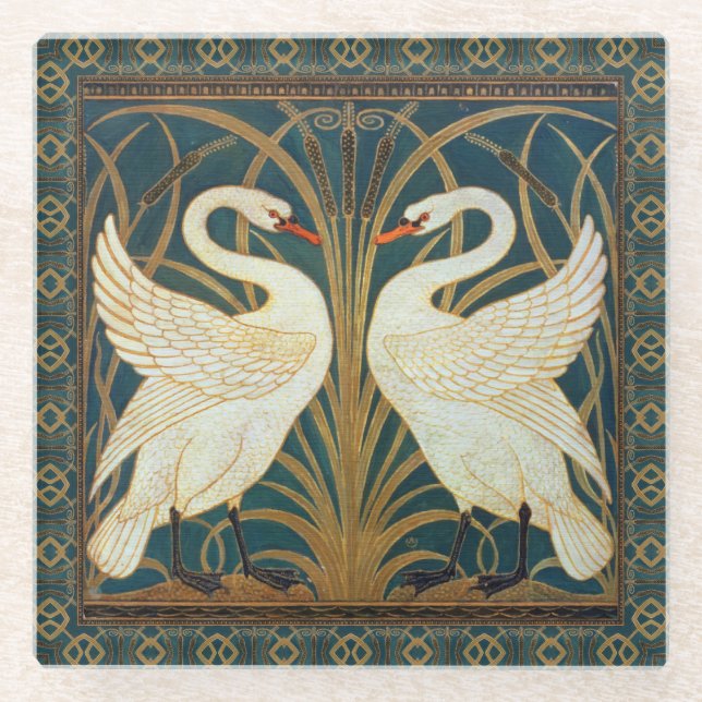 Walter Crane Swan, Rush And Iris Art Nouveau Glass Coaster (Front)