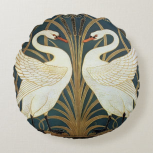 Walter Crane Swan, Rush And Iris Art Nouveau Round Pillow