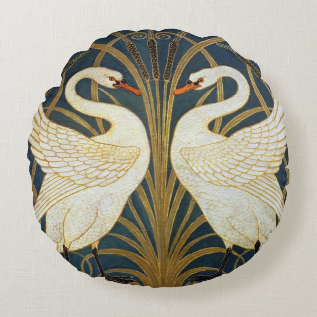 Walter Crane - Swan, Rush And Iris Art Nouveau Round Pillow (Front)