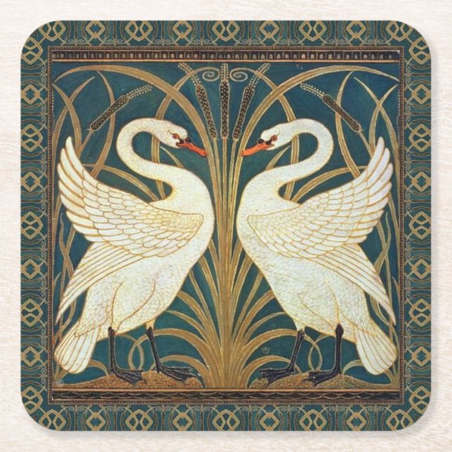 Walter Crane Swan, Rush And Iris Art Nouveau  Square Paper Coaster (Front)