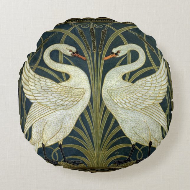 Walter Crane Swan & Rush and Iris Victorian  Round Pillow (Front)