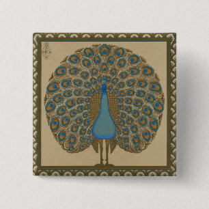 Walter Crane Vintage Gold Blue Peacock Art 2 Inch Square Button