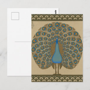 Walter Crane Vintage Gold Blue Peacock Art Postcard