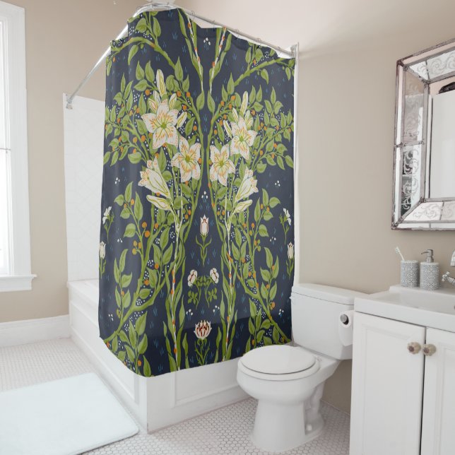 Walter Crane Vintage Navy White Lily Pattern (In Situ)