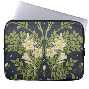 Walter Crane Vintage Navy White Lily Pattern Laptop Sleeve