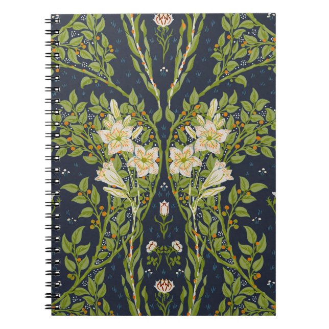 Walter Crane Vintage Navy White Lily Pattern Notebook (Front)