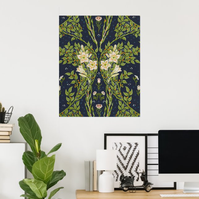 Walter Crane Vintage Navy White Lily Pattern Poster (Home Office)