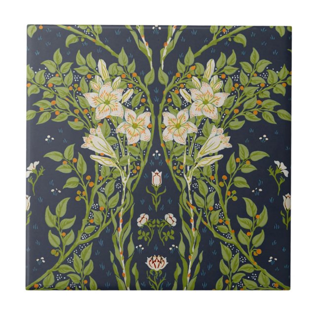 Walter Crane Vintage Navy White Lily Pattern Tile (Front)