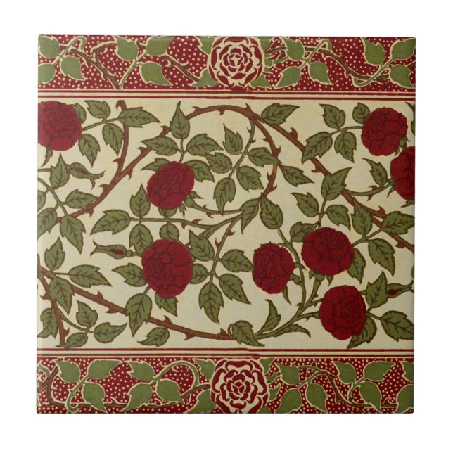 Walter Crane Vintage Rosamund Red Rose Floral Art Tile (Front)
