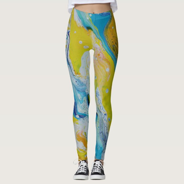 Waltz Across 3 Fluid Yellow Blue Abstract Leggings (Front)