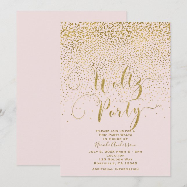 WALTZ PARTY Dance Event Blush Pink & Gold Confetti Invitation (Front/Back)