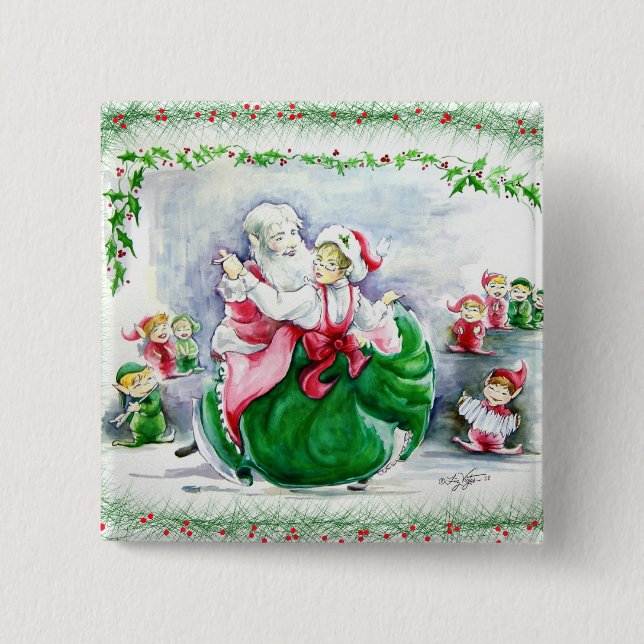 Waltzing Santa & Mrs. Claus Button (Front)