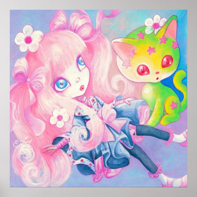 Wamono Japanese Girl With Kawaii Kitten ~ Poster (Front)