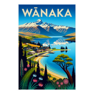 Wānaka New Zealand Retro Travel Poster Art