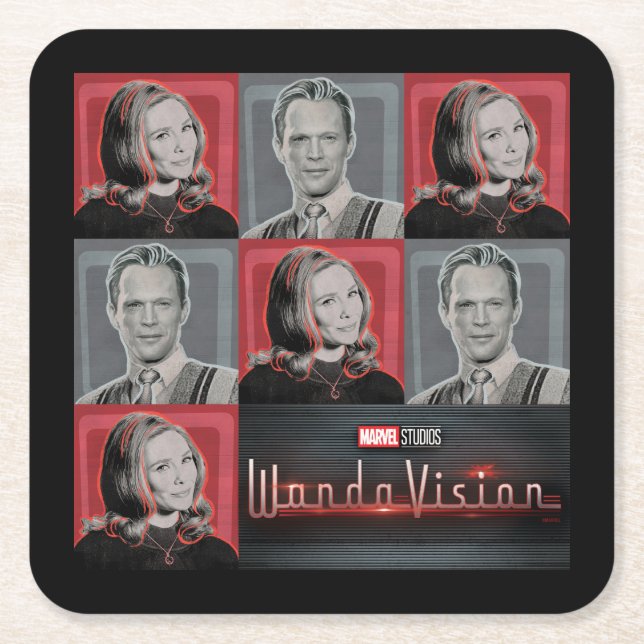 Wanda and Vision Retro Chequered Pattern Square Paper Coaster (Front)