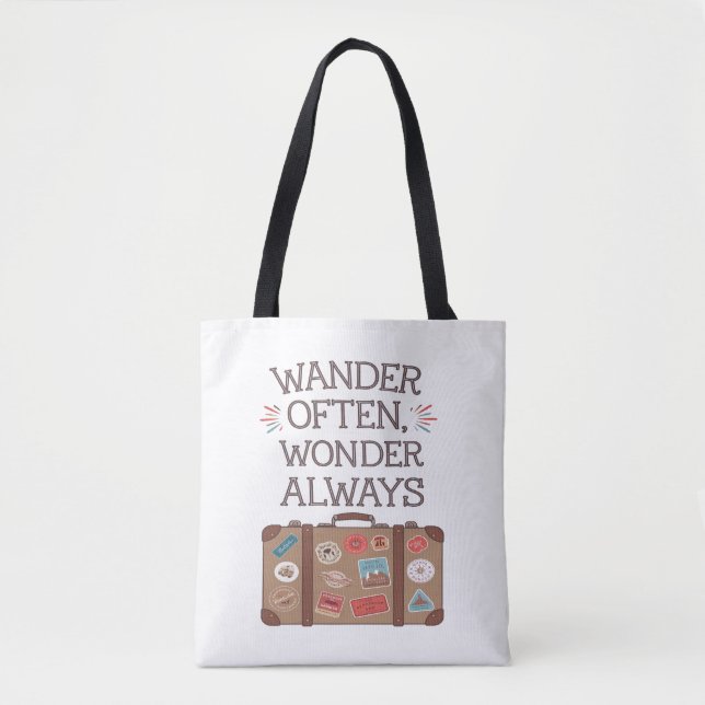 Wander Often, Wonder Always Travel Quote Tote Bag (Front)