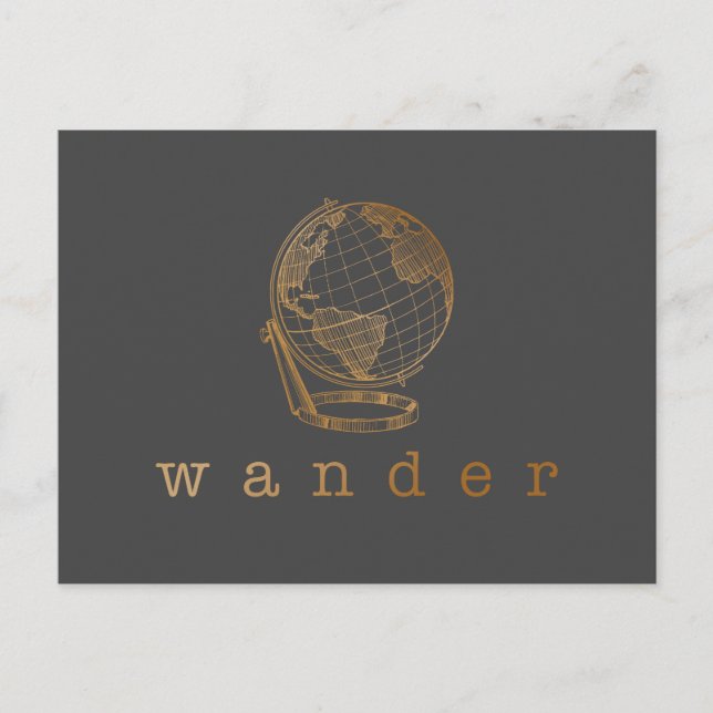 Wander Travel Quote and Globe in Black and Gold   Postcard (Front)