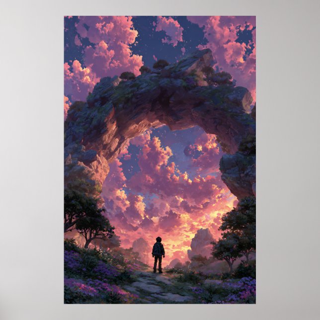 Wanderer at Sunset Arch Fantasy Landscape Poster (Front)