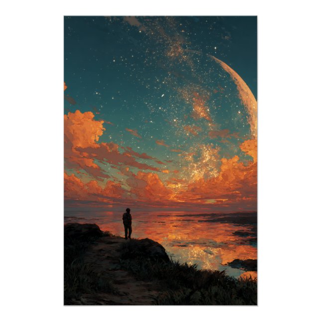 Wanderer Under Giant Crescent Moon Poster (Front)