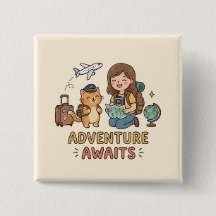 Wanderlust Cat and Owner Adventure Globe Graphic 2 Inch Square Button