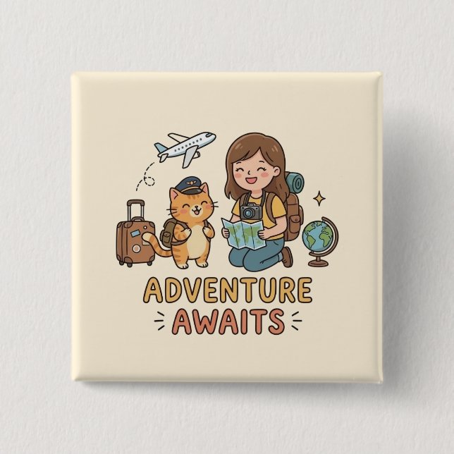 Wanderlust Cat and Owner Adventure Globe Graphic 2 Inch Square Button (Front)