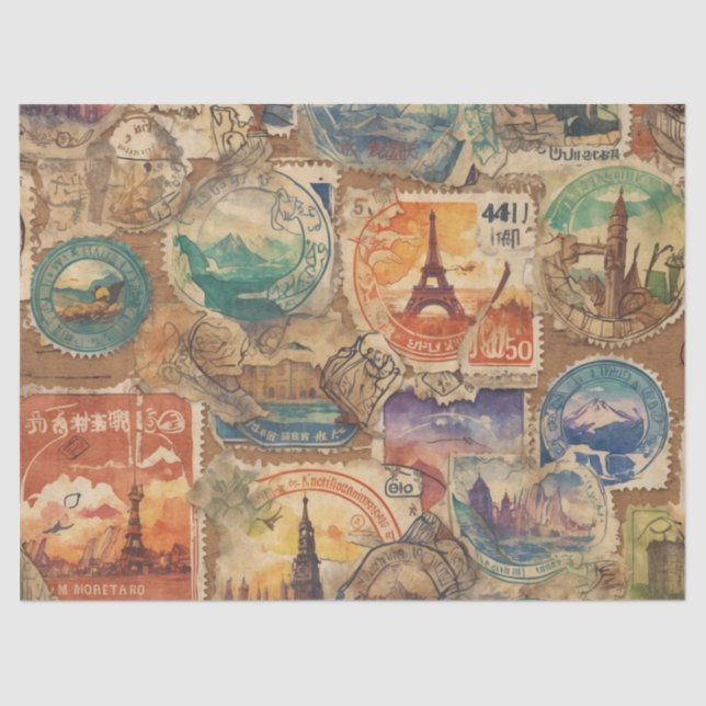 Wanderlust Chronicles: Vintage-Style Travel Stamps Tissue Paper (Front)