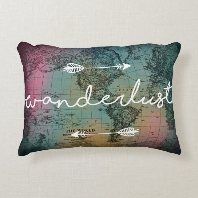 Wanderlust Colourful World Map Accent Pillow (Front)