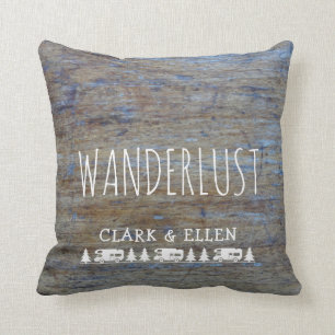 Wanderlust Custom Name   Rustic Wood RV Camper Throw Pillow