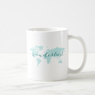 Wanderlust, desire to travel, teal world map coffee mug