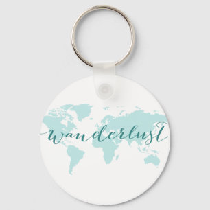 Wanderlust, desire to travel, teal world map keychain