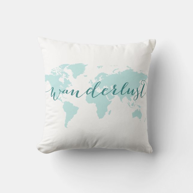 Wanderlust, desire to travel, teal world map throw pillow (Front)