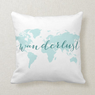 Wanderlust, desire to travel, teal world map throw pillow