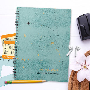 Wanderlust Name Airplane Green Blue Gold Travel Notebook