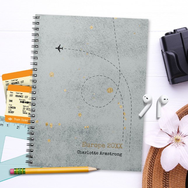 Wanderlust Name Airplane Light Grey Gold Travel Notebook (Wanderlust Name Airplane Light Gray Gold Travel Notebook ©Susanne Sachers - Sunny Wanderlust 🌞✈️)