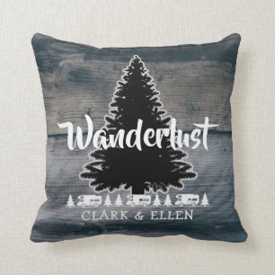 Wanderlust Pine Tree Rustic Grey Wood RV Camper Throw Pillow
