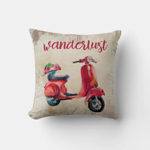 Wanderlust - Red Watercolor Scooter   Vintage Chic Throw Pillow