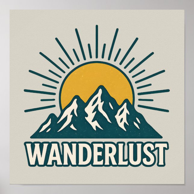 Wanderlust Retro Teal Mountain Sunrise Hiking Art Poster (Front)