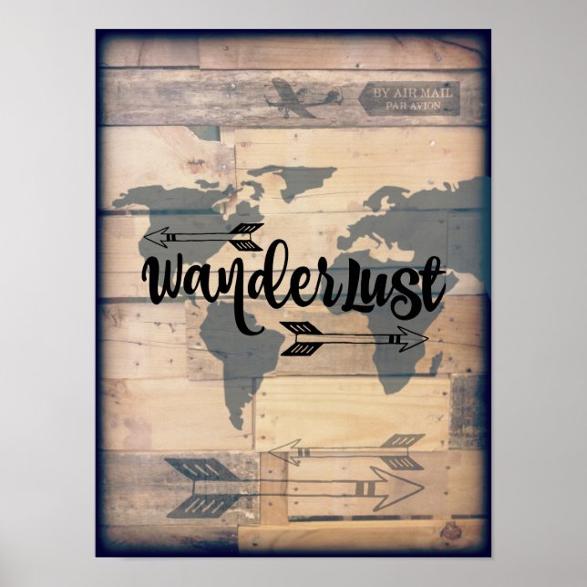 Wanderlust Rustic Wood Travel Poster (Front)