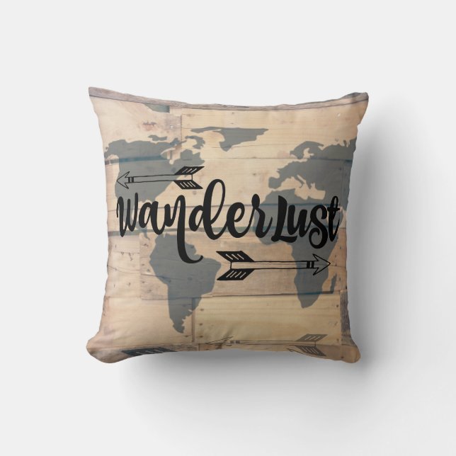 Wanderlust Rustic Wood Travel Throw Pillow (Front)