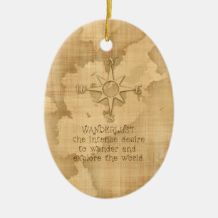 "Wanderlust..." Travelling Quote on Vintage Paper Ceramic Ornament