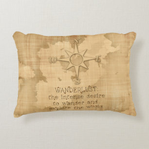 Wanderlust..." Travelling Quote on Vintage Paper Decorative Pillow