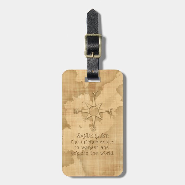 "Wanderlust..." Travelling Quote on Vintage Paper Luggage Tag (Front Vertical)