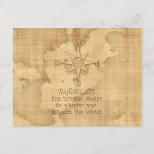 "Wanderlust..." Travelling Quote on Vintage Paper Postcard