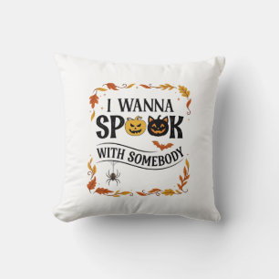 Wanna Spook Somebody Halloween Pumpkins Spider Bat Throw Pillow