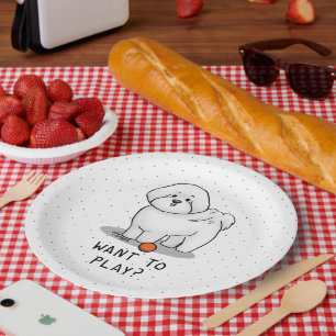 Want to Play? Bichon Frise Dog with Ball Cute Paper Plate
