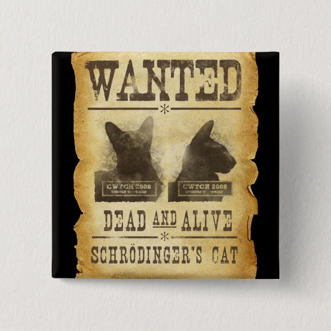 Wanted dead and alive.  Schroedinger's cat. 2 Inch Square Button (Front)