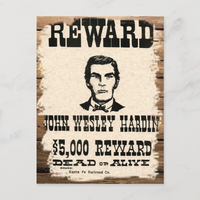 Wanted John Wesley Hardin Postcard (Front)