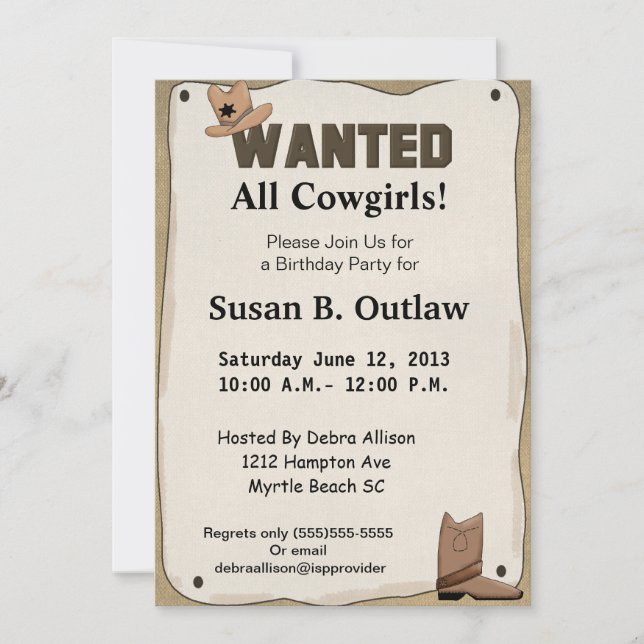 Wanted Poster Cowgirl Birthday Invitation (Front)
