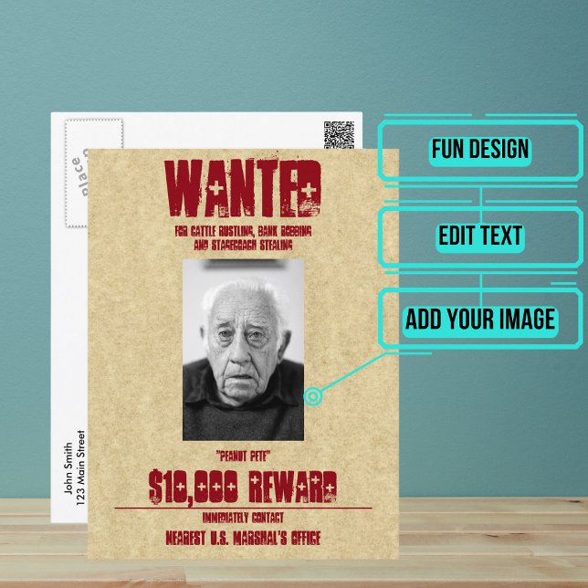 Wanted Poster Custom Template Postcard (Turn your friend or family member's picture into a "wanted" poster.)