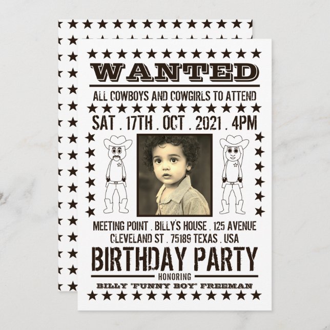 Wanted Poster, Modern Western Birthday Invitation (Front/Back)